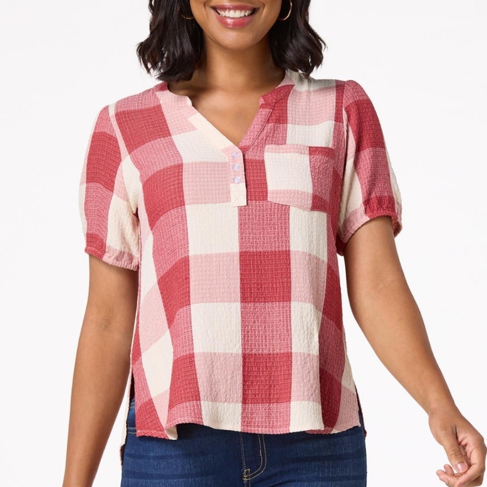SALE!! Plaid Button-Up Blouse - Red and Cream
